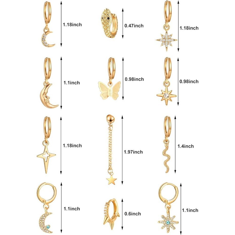 12 Pairs Dangle Hoop Earrings Aesthetic Huggie Earrings with Charms Small Drop P - Picture 2 of 6